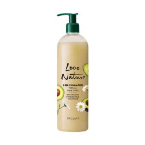 shampooing 2 en 1 pour tout type de cheveux love nature à l'huile d'avocat et à l'extrait de camomille naturels